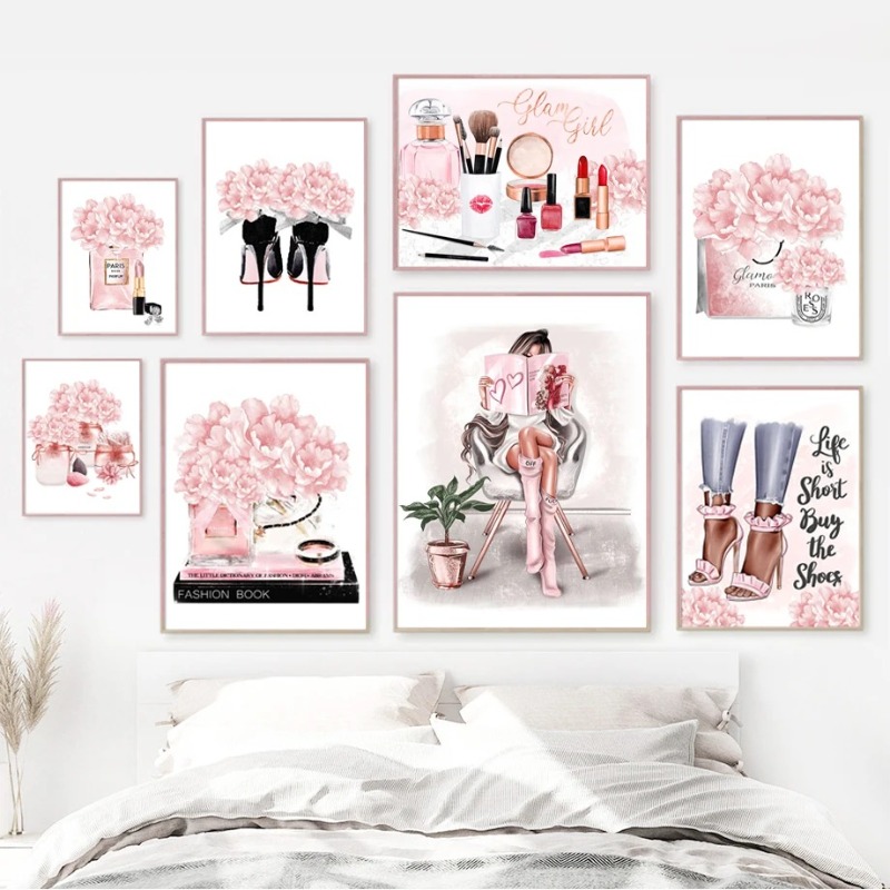Perfume Villa Fragrance - ภาพวาดบนผ้าใบลายดอกไม้สีชมพู น้ำหอมปารีส แฟชั่น ลิปสติก รองเท้าส้นสูง สาว