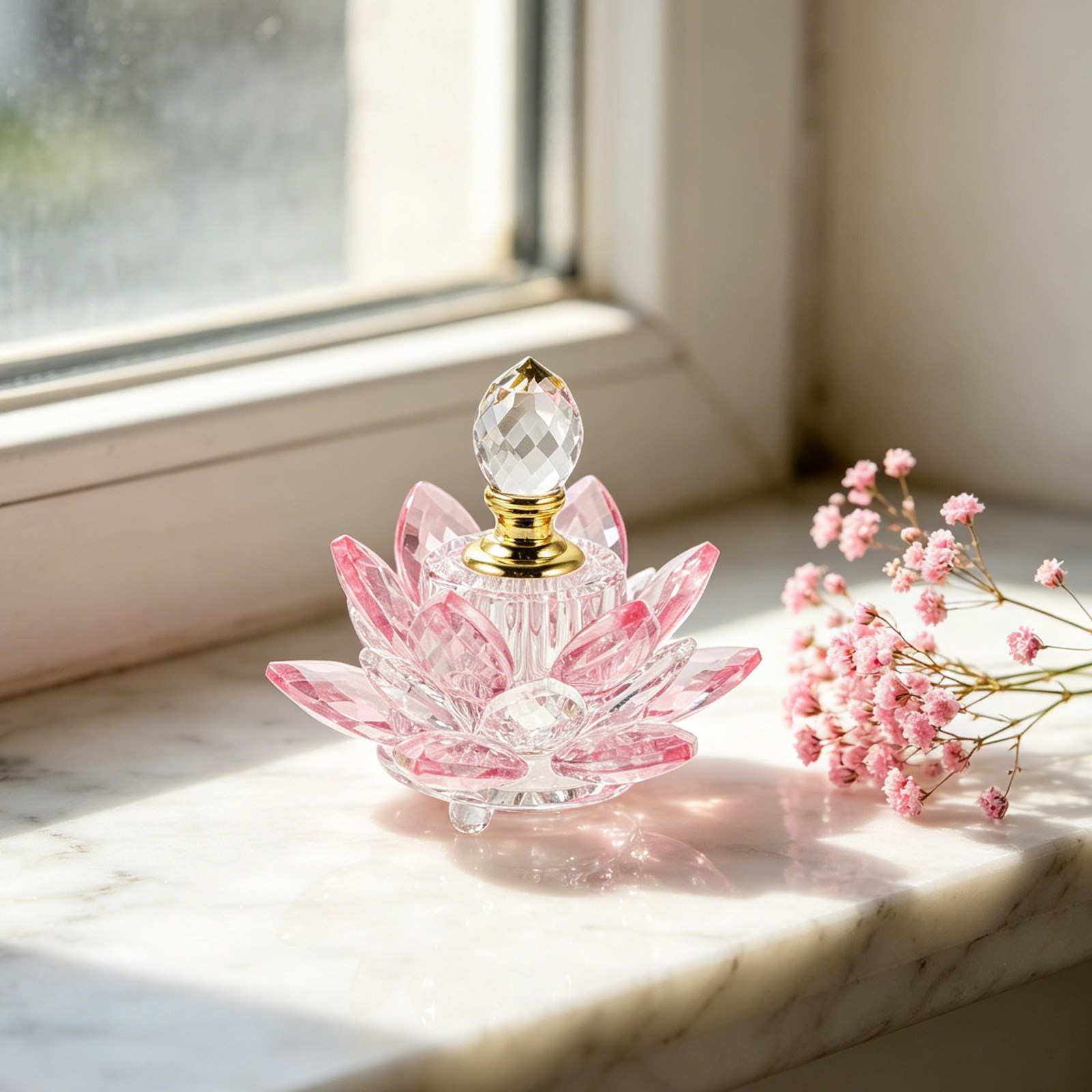 Perfume Fragrance Refill - ขวดน้ำหอมรูปดอกบัวคริสตัลแบบเติมได้ ขวดแก้วเปล่าดีไซน์หรูหราสำหรับห้องนอน โต๊ะเครื่องแป้ง และอโรมาเธอราพี พร้อมหัวหยด