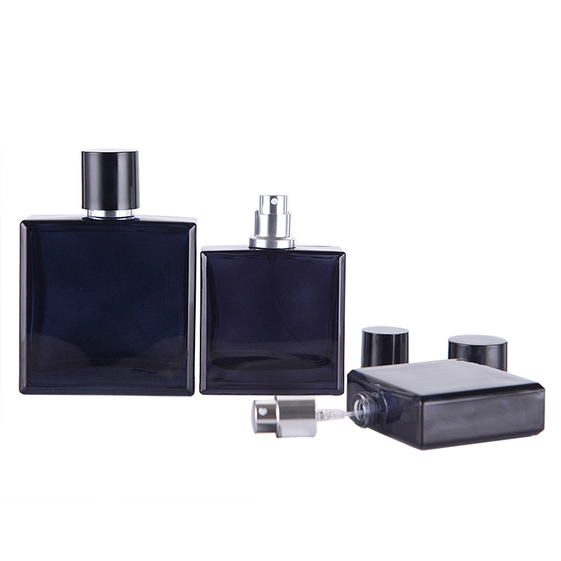 Perfume Fragrance Story - ขวดสเปรย์น้ำหอมขวดแก้วสี่เหลี่ยมแบนสีฟ้าเข้มรีฟิล30/50มล. ภาชนะใส่เครื่องสำอางที่ใส่เครื่องพ่นไอน้ำขนาดพกพาขณะเดินทาง
